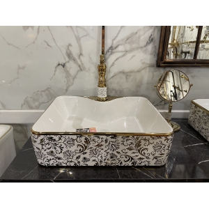 TSC 653 อ่างเซรามิคเขียนทองสี่เหลี่ยม (ก๊อกบน)